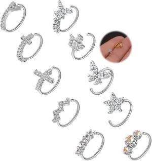 8-10Pcs 20G Nose Rings for Women Copper Nose Piercing Jewelry Cz Flower Feather Nose Hoop Ring Ear Cartilage Septum Daith Tragus Helix Lip Piercing Silver Gold Rose Gold