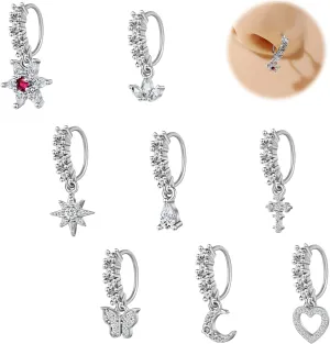 8-10Pcs 20G Nose Rings for Women Copper Nose Piercing Jewelry Cz Flower Feather Nose Hoop Ring Ear Cartilage Septum Daith Tragus Helix Lip Piercing Silver Gold Rose Gold