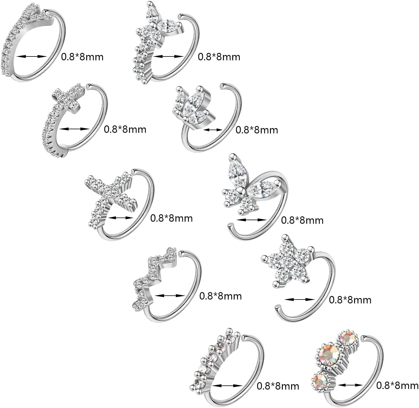 8-10Pcs 20G Nose Rings for Women Copper Nose Piercing Jewelry Cz Flower Feather Nose Hoop Ring Ear Cartilage Septum Daith Tragus Helix Lip Piercing Silver Gold Rose Gold