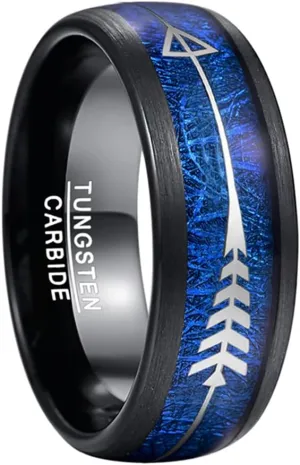 8MM Arrow-Shaped Tungsten Carbide Ring Inlaid Blue Imitation Meteorite Wedding Bands Black Dome Rings Men Jewelry as the picture 8