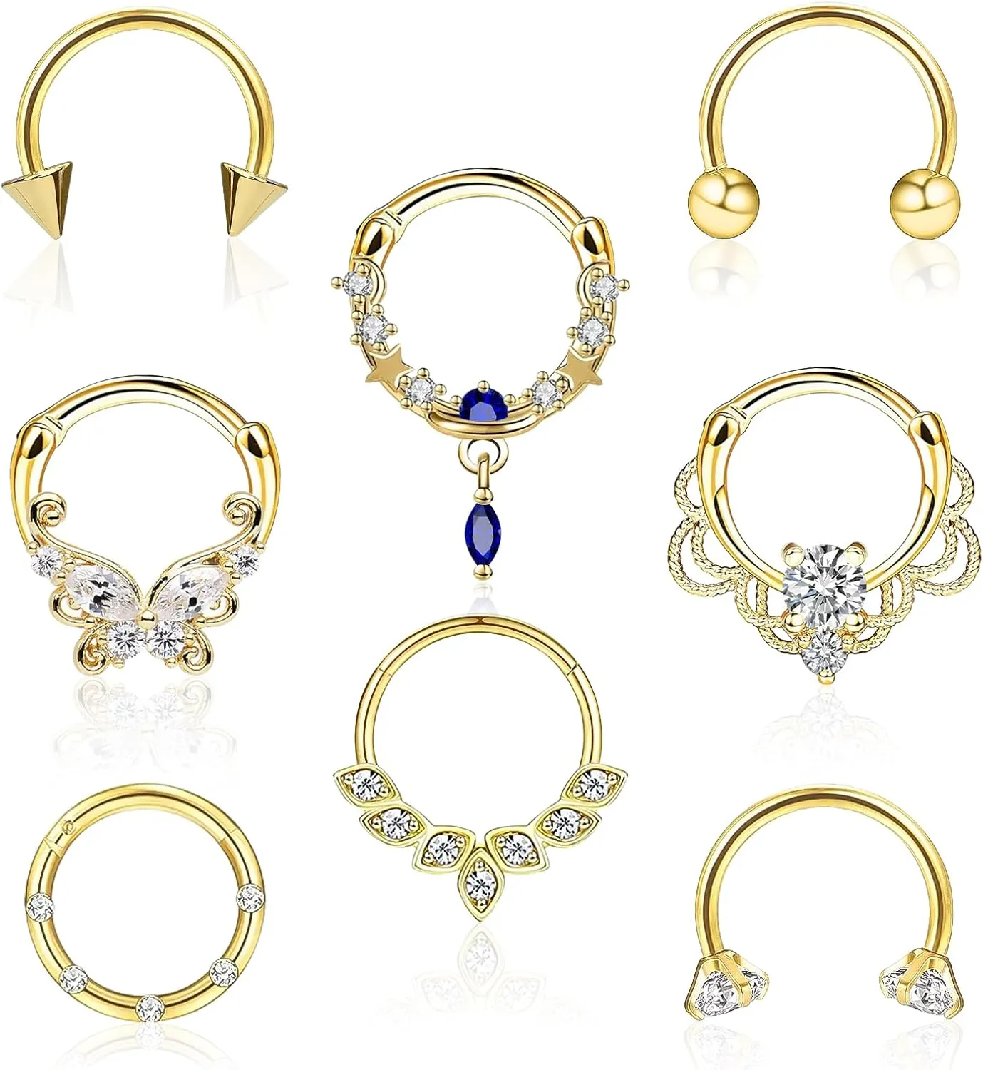 8pcs Septum Rings 16g Surgical Steel Nose Rings Hoops Septum Clicker Daith Piercing Jewelry Silver Butterfly CZ Horseshoe Nose Lip Ring For Women Men 8MM 10MM
