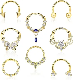 8pcs Septum Rings 16g Surgical Steel Nose Rings Hoops Septum Clicker Daith Piercing Jewelry Silver Butterfly CZ Horseshoe Nose Lip Ring For Women Men 8MM 10MM