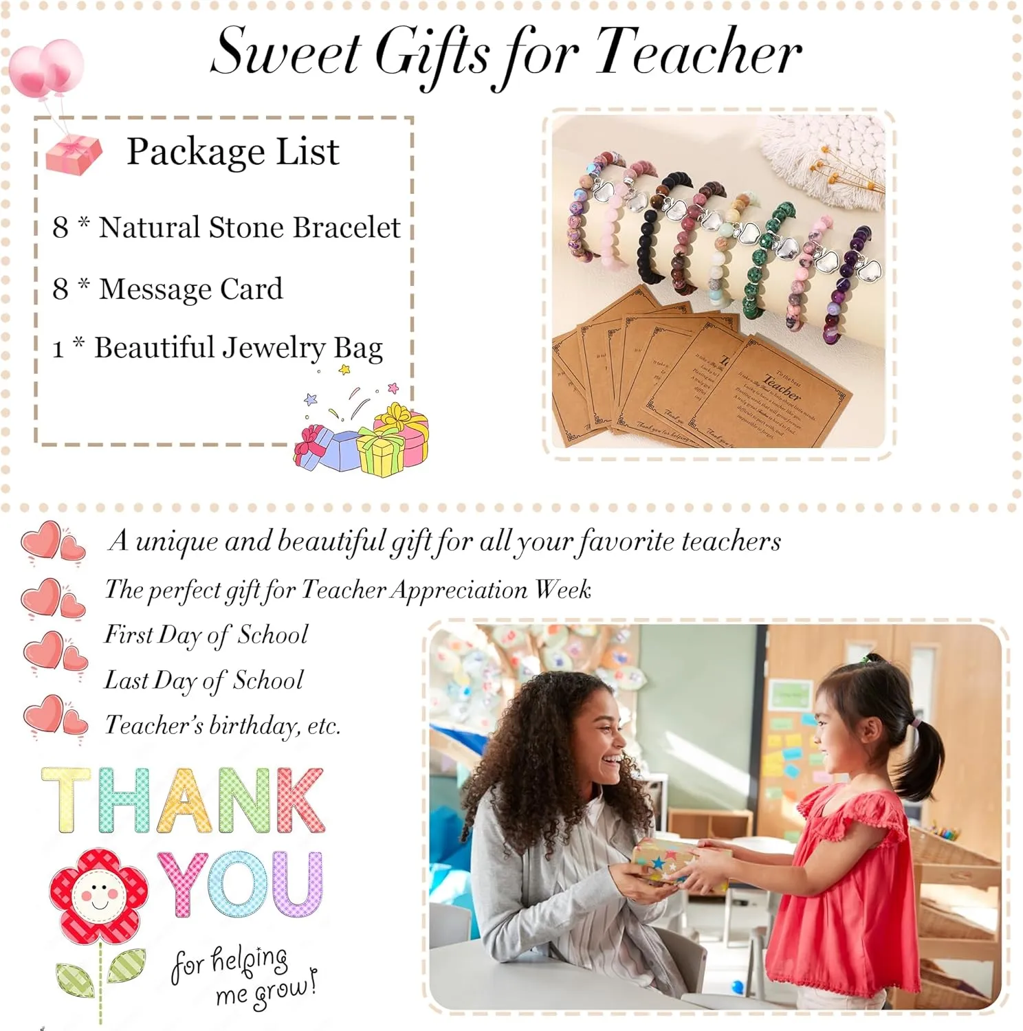 8Pcs Teacher Appreciation Gifts for Women men, Natural Stone Teacher Bracelets