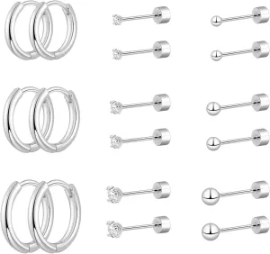 9 pairs Flat Back Earrings Sets for Women, Small 14k Gold/Sterling Silver Plated Surgical Steel Earrings Hypoallergenic Stud Hoop Earrings for Multiple Piercing Tiny Screw Back Cartilage Earrings Jewelry