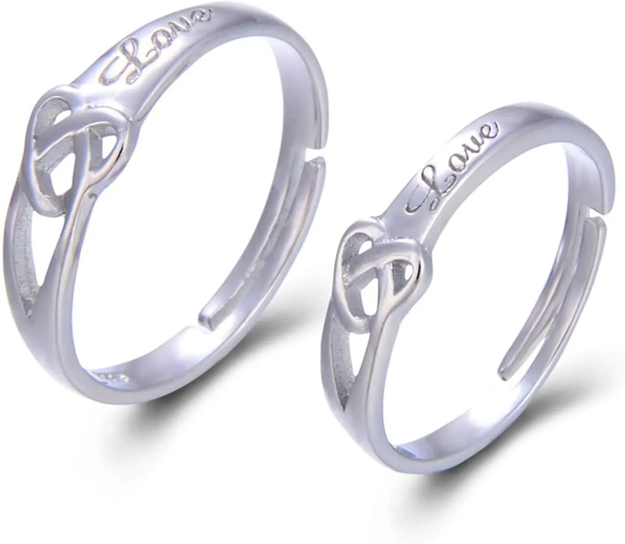 925 Sterling Silver Adjustable Rings Love Heart Knot Wedding Bands His & Hers Matching Rings