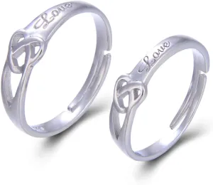 925 Sterling Silver Adjustable Rings Love Heart Knot Wedding Bands His & Hers Matching Rings