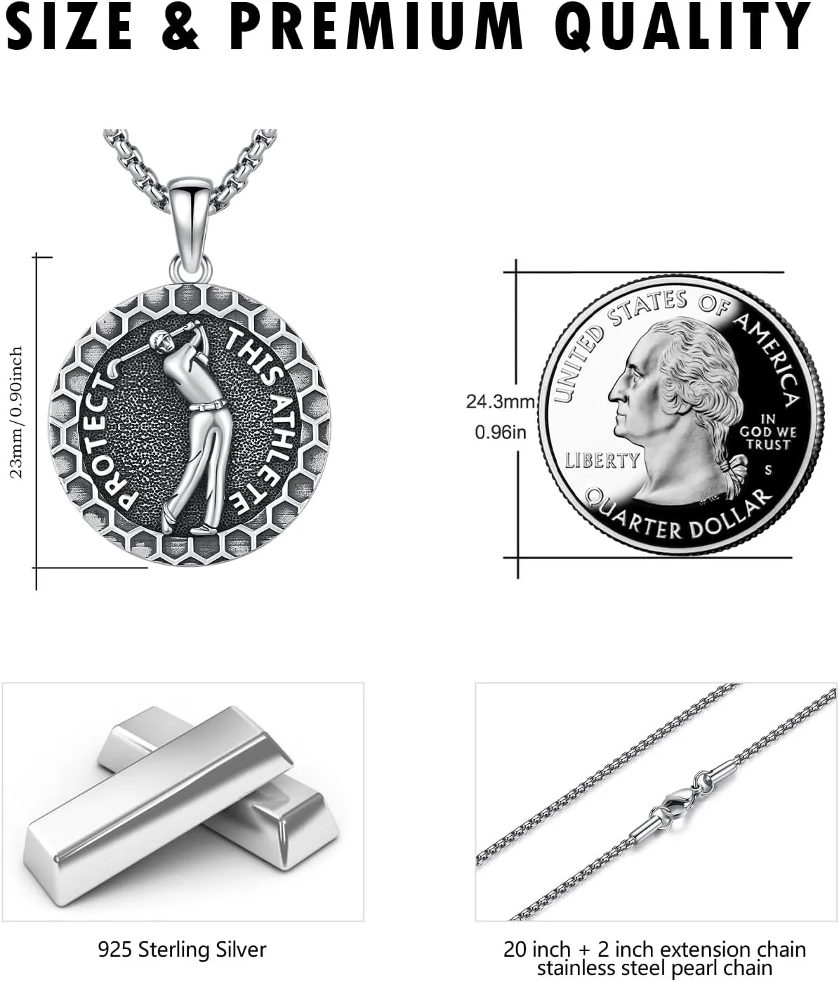 925 Sterling Silver Athlete Protect Pendant Sport Necklace with Stainless Steel Chain