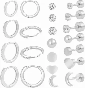 925 Sterling Silver Cartilage Helix CZ Huggie Earrings-Surgical Steel Earrings Set for Multiple Piercing Hypoallergenic,14K Gold Plated Flatback Small Hoop Stud Earrings Pack,Titanium Heart Ball Moon Dot CZ Stud Earrings for Women Men