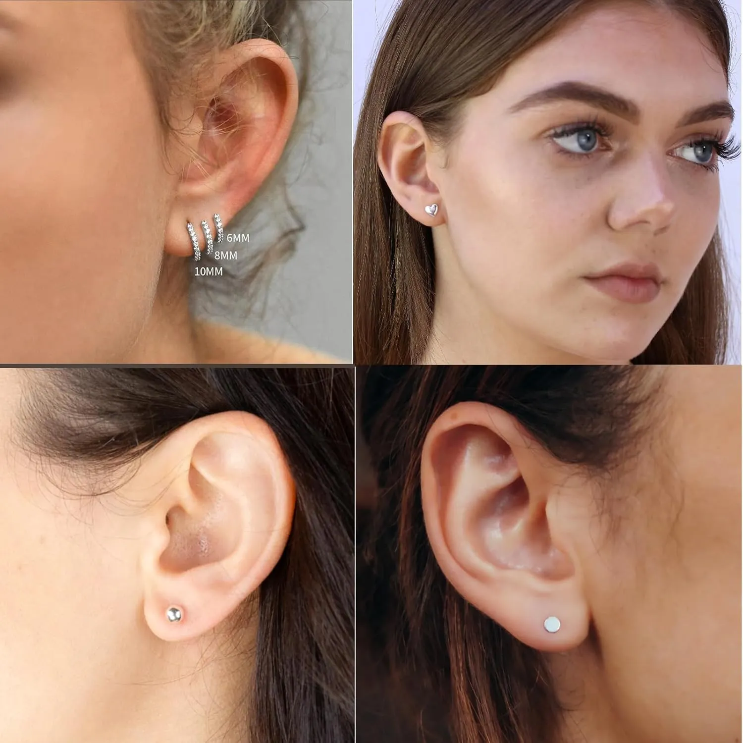 925 Sterling Silver Cartilage Helix CZ Huggie Earrings-Surgical Steel Earrings Set for Multiple Piercing Hypoallergenic,14K Gold Plated Flatback Small Hoop Stud Earrings Pack,Titanium Heart Ball Moon Dot CZ Stud Earrings for Women Men