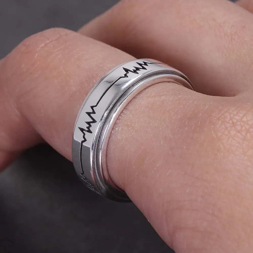 925 Sterling Silver Fidget Spinner Ring for Couples Women Men Rotatable Folding Wedding Band Engraved ECG Anti-Anxiety Stress Relieving Jewelry Birthday Gift