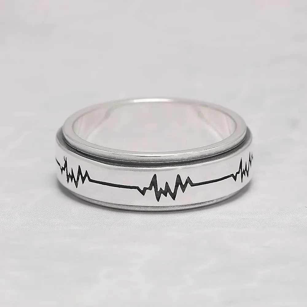 925 Sterling Silver Fidget Spinner Ring for Couples Women Men Rotatable Folding Wedding Band Engraved ECG Anti-Anxiety Stress Relieving Jewelry Birthday Gift