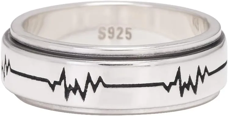 925 Sterling Silver Fidget Spinner Ring for Couples Women Men Rotatable Folding Wedding Band Engraved ECG Anti-Anxiety Stress Relieving Jewelry Birthday Gift