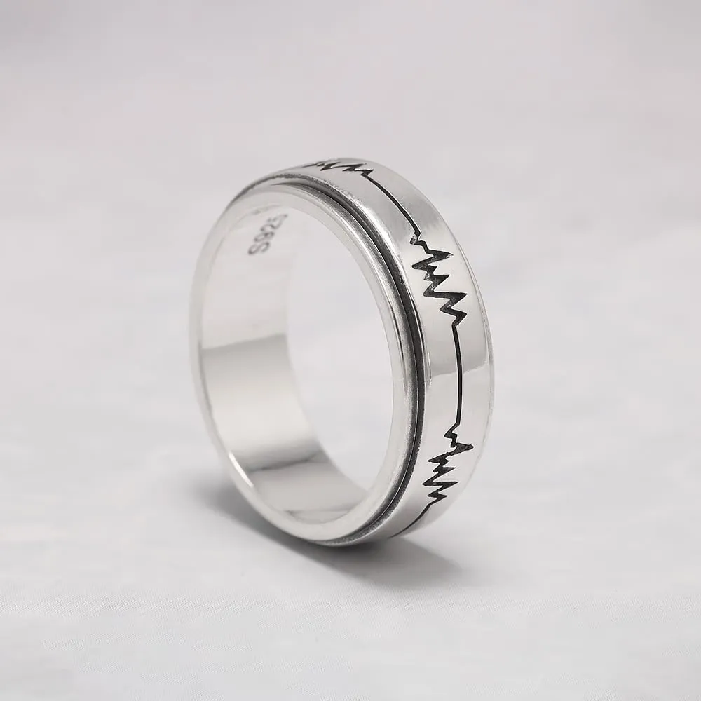 925 Sterling Silver Fidget Spinner Ring for Couples Women Men Rotatable Folding Wedding Band Engraved ECG Anti-Anxiety Stress Relieving Jewelry Birthday Gift