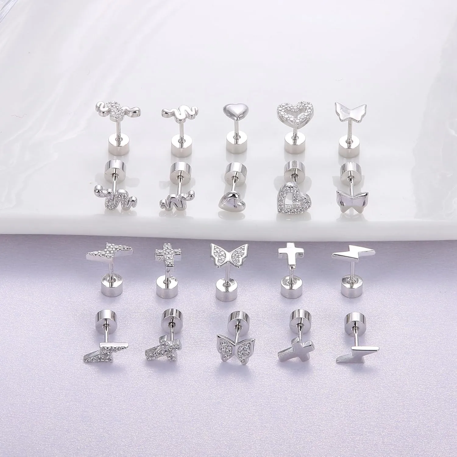 925 Sterling Silver Flat Back Studs Screw Back Earrings White Gold Plated CZ Heart Cross Lightning Snake Butterfly Tragus Helix Nap Flatback Stud Earrings Piercing Earring for Women