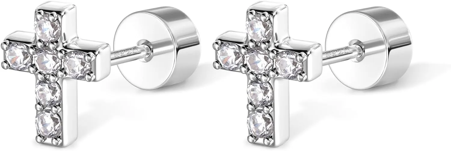 925 Sterling Silver Flat Back Studs Screw Back Earrings White Gold Plated CZ Heart Cross Lightning Snake Butterfly Tragus Helix Nap Flatback Stud Earrings Piercing Earring for Women