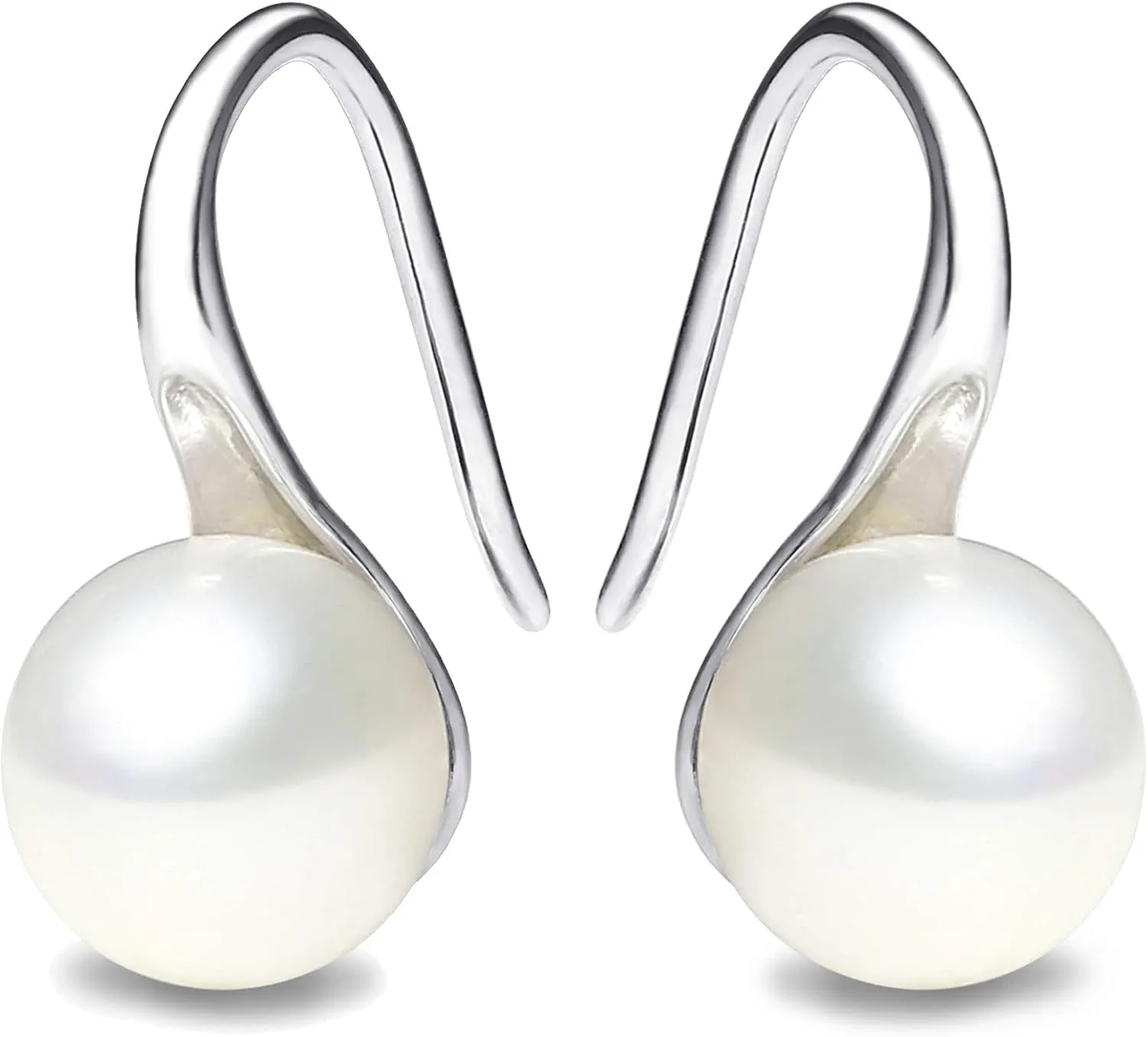 925 Sterling Silver Hoop Handpicked AAA  Quality 7.5-8mm White Freshwater Cultured Pearl Dangle Drop Earrings Jewelry for Women