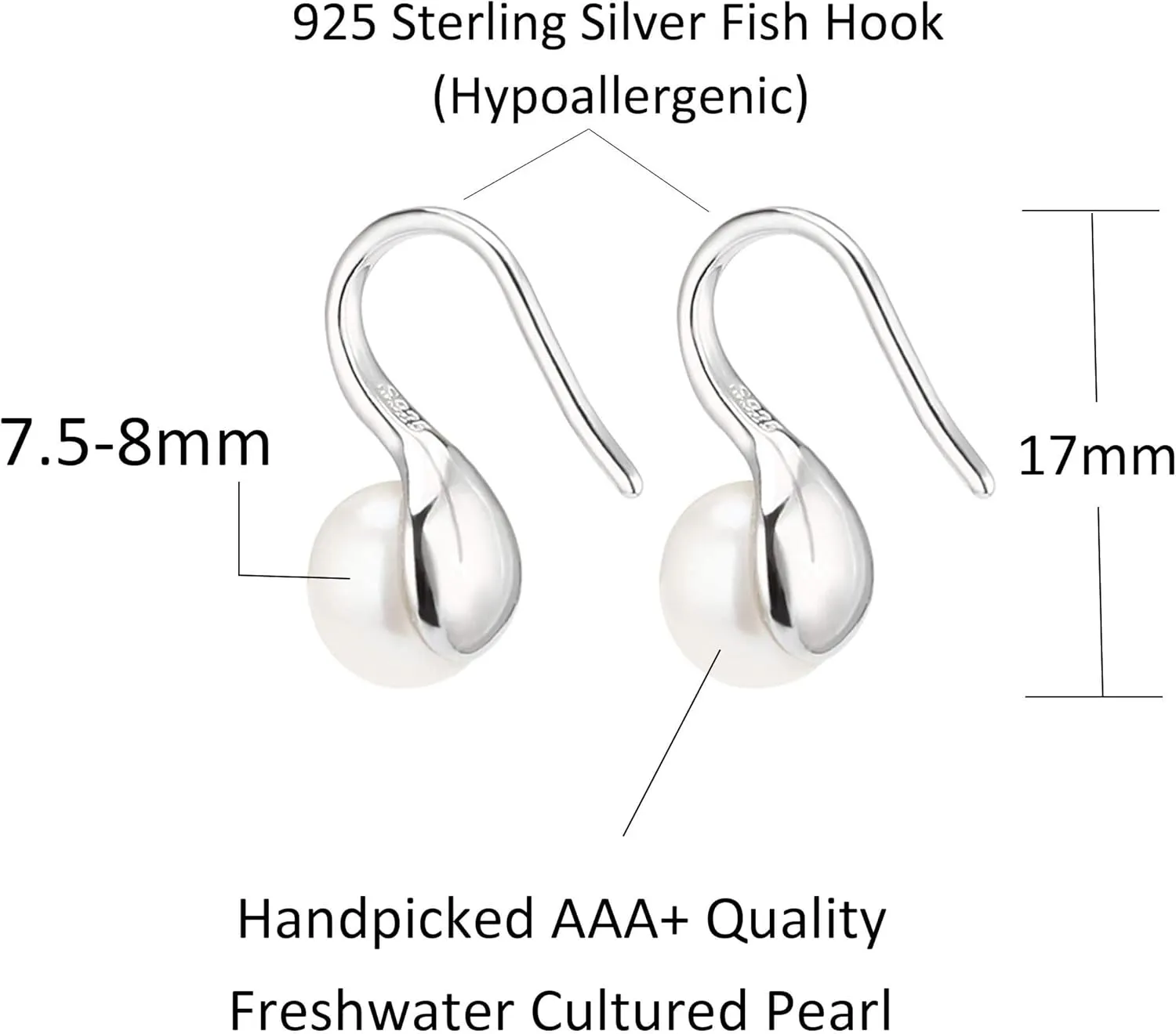 925 Sterling Silver Hoop Handpicked AAA  Quality 7.5-8mm White Freshwater Cultured Pearl Dangle Drop Earrings Jewelry for Women