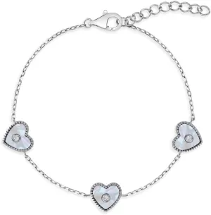 925 Sterling Silver Simulated Mother of Pearl Heart Link Bracelet For Little Girls - Children's Heart Link Bracelets - Adorable Bracelets For A Young Girls Birthday