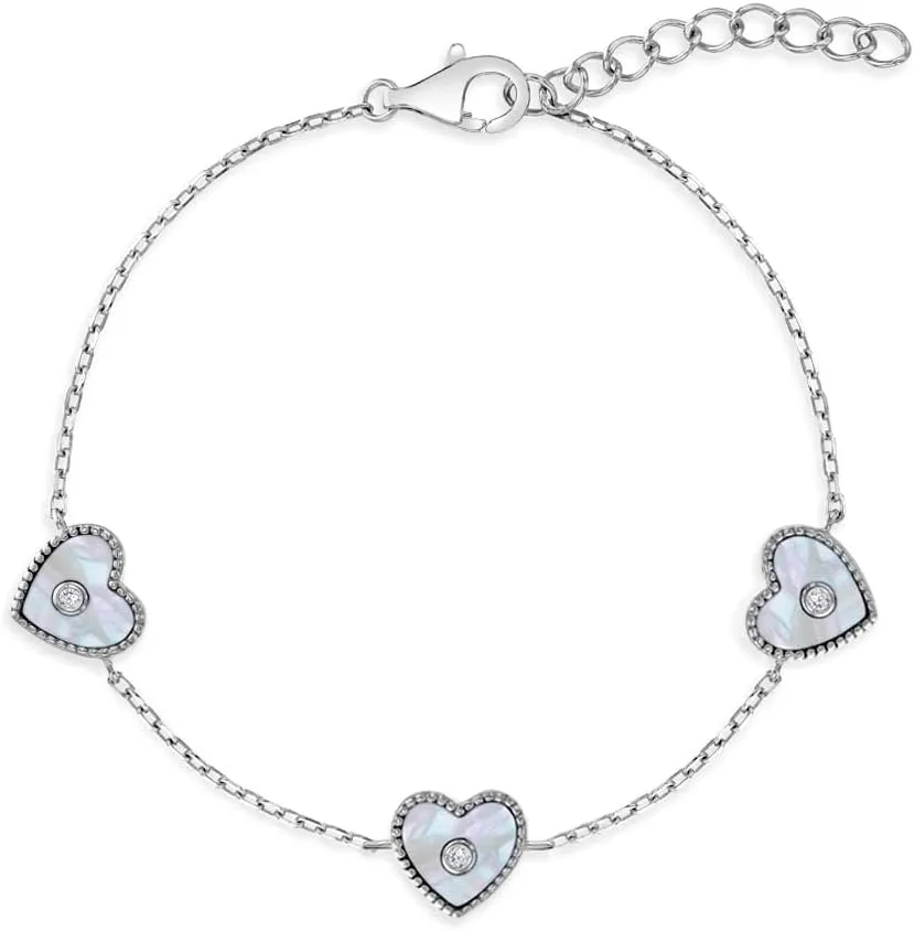 925 Sterling Silver Simulated Mother of Pearl Heart Link Bracelet For Little Girls - Children's Heart Link Bracelets - Adorable Bracelets For A Young Girls Birthday