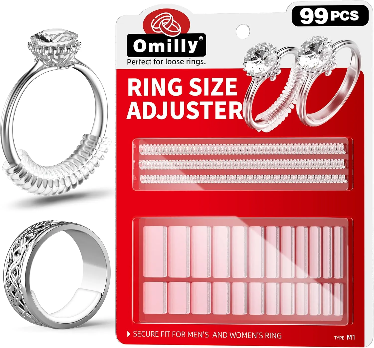 99-Pack Ring Sizer Adjuster for Loose Rings - Omilly 11 Sizes Silicone Ring Guards Invisible Ring Spacers for Women & Men, Transparent, Comfortable Fit for Jewelry Resizing
