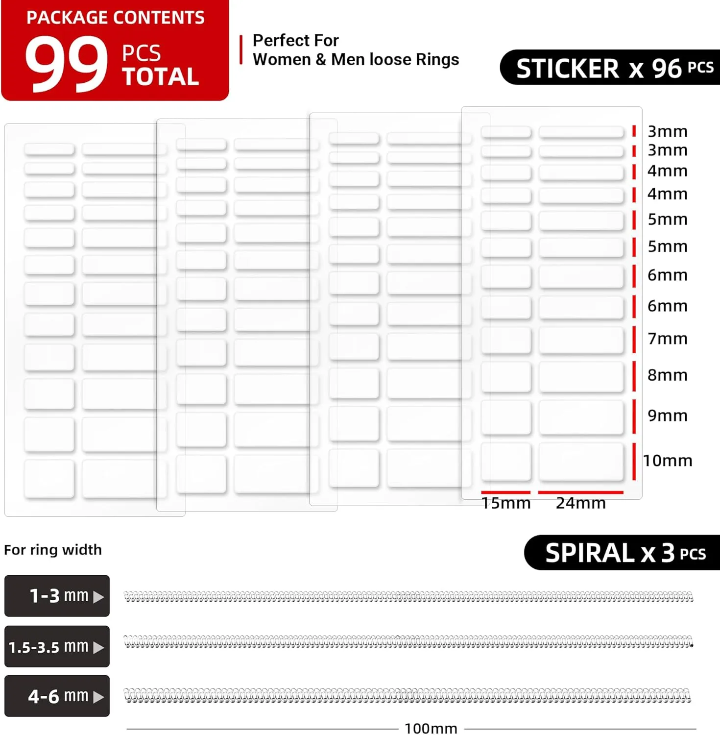 99-Pack Ring Sizer Adjuster for Loose Rings - Omilly 11 Sizes Silicone Ring Guards Invisible Ring Spacers for Women & Men, Transparent, Comfortable Fit for Jewelry Resizing