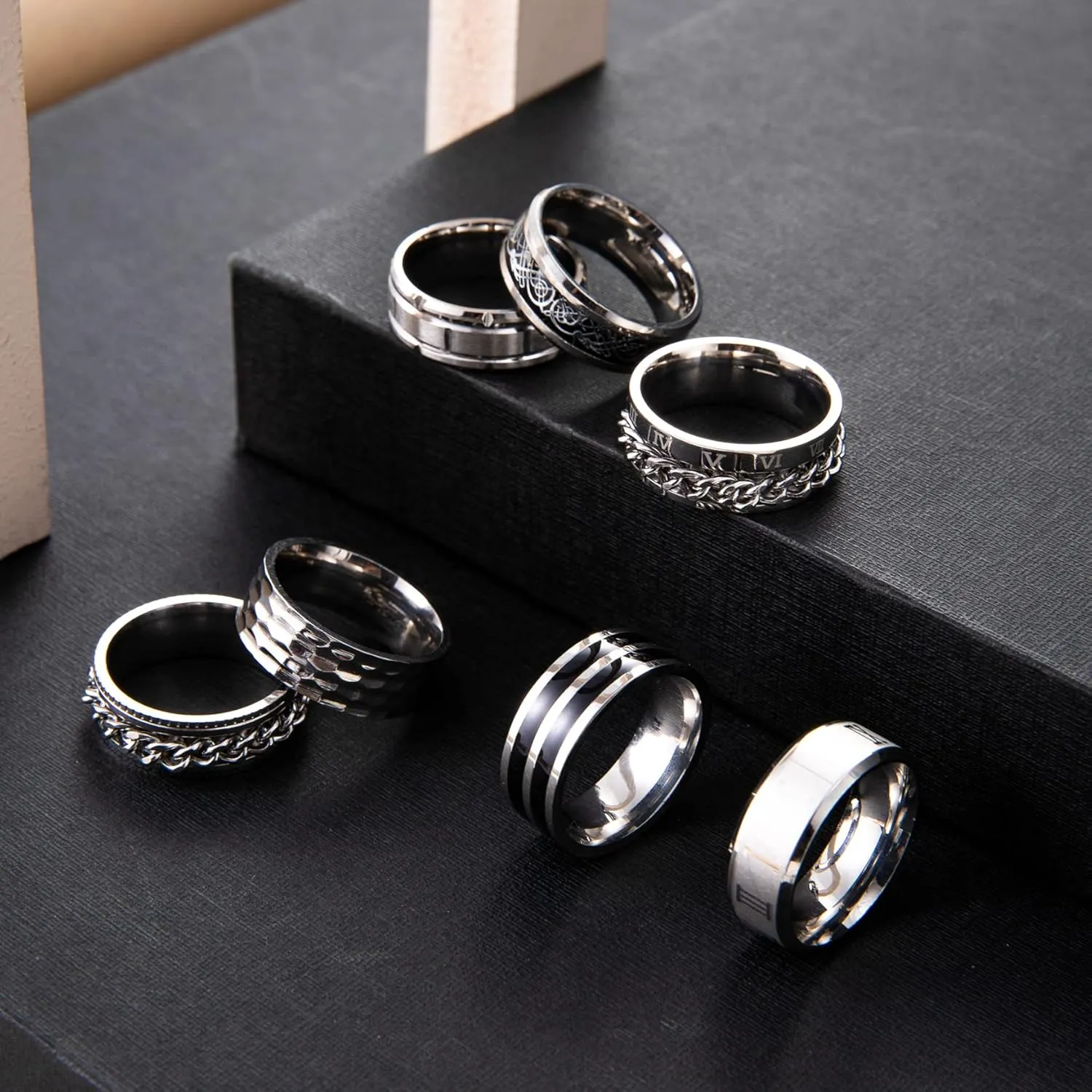 9Pcs Stainless Steel Band Rings for Men Women Fidget Anxiety Relief Rings Spinner Ring Wedding Promise Rings Set