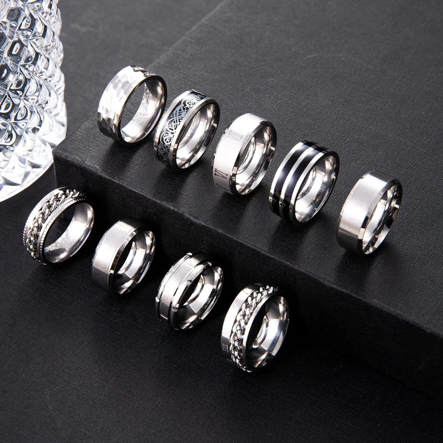 9Pcs Stainless Steel Band Rings for Men Women Fidget Anxiety Relief Rings Spinner Ring Wedding Promise Rings Set