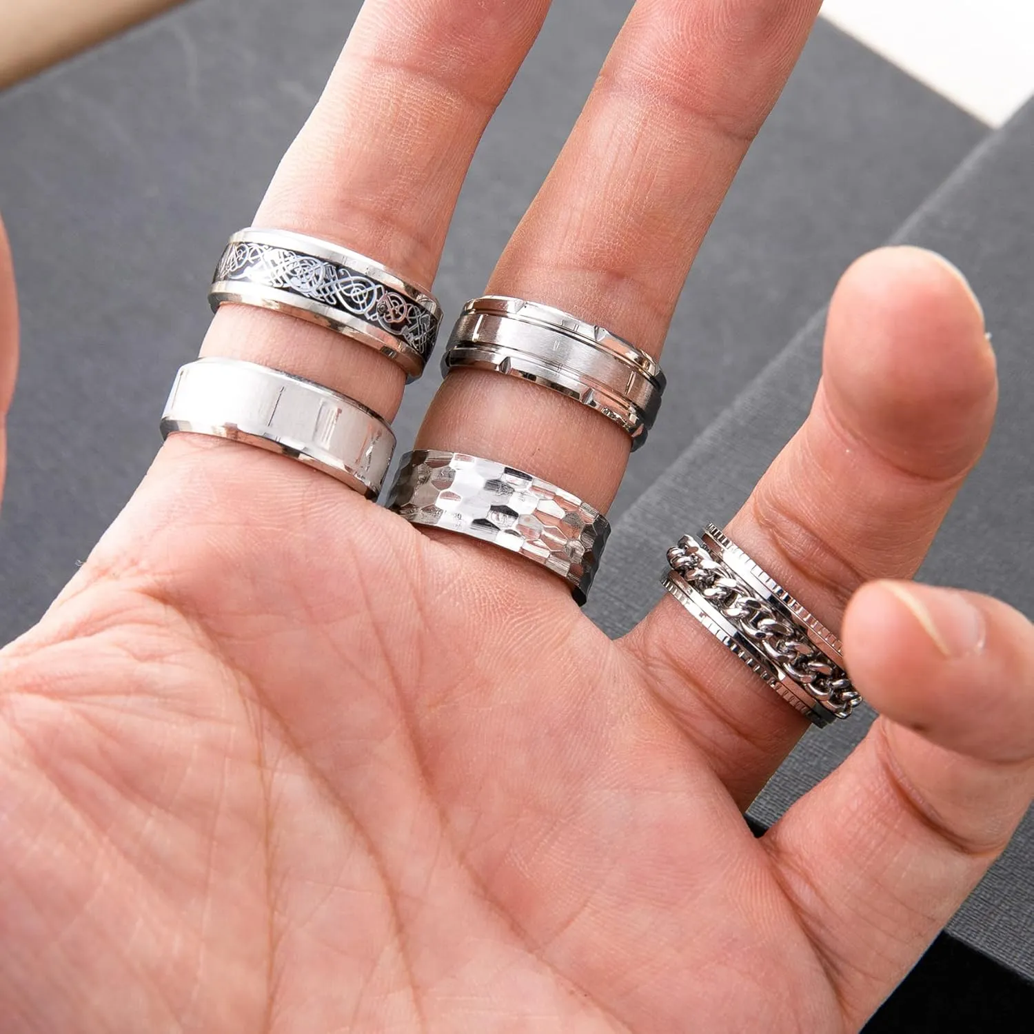9Pcs Stainless Steel Band Rings for Men Women Fidget Anxiety Relief Rings Spinner Ring Wedding Promise Rings Set