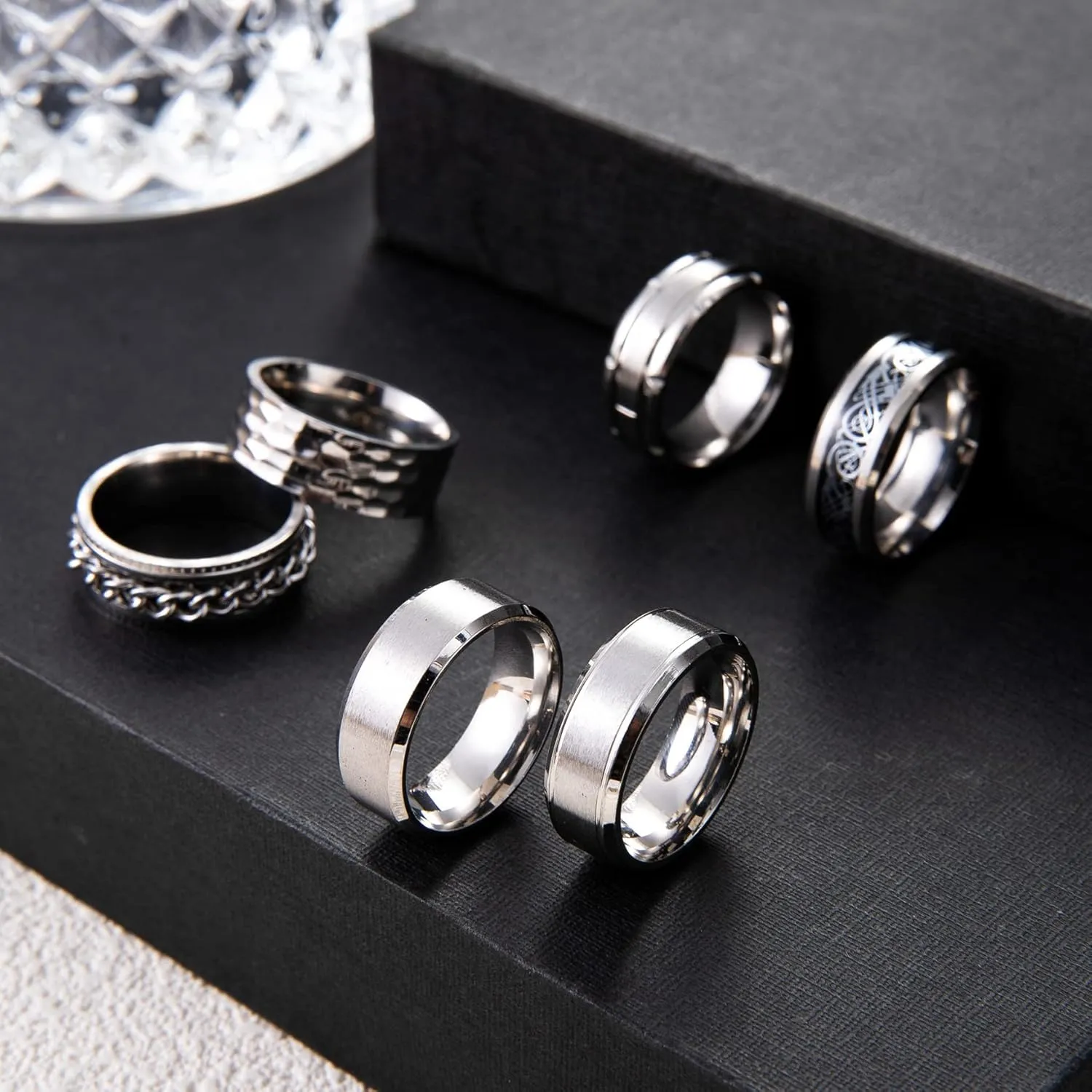9Pcs Stainless Steel Band Rings for Men Women Fidget Anxiety Relief Rings Spinner Ring Wedding Promise Rings Set