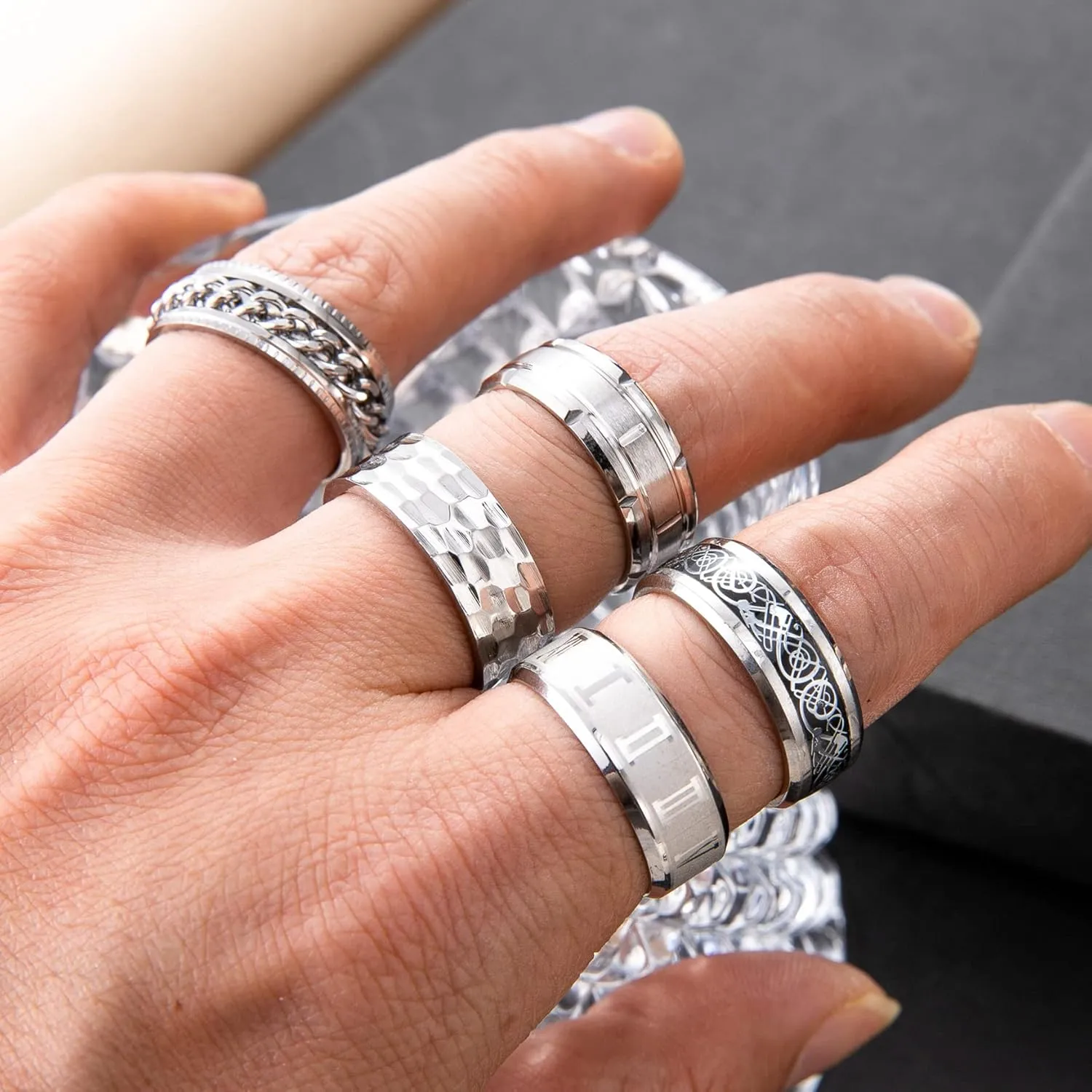 9Pcs Stainless Steel Band Rings for Men Women Fidget Anxiety Relief Rings Spinner Ring Wedding Promise Rings Set