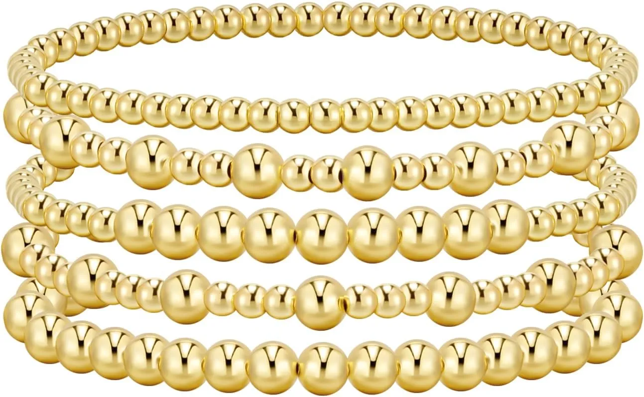 adoyi Gold Bracelets for Women Beaded Bracelet 14K Gold Plated Bracelet Stack Strand Stretch Bead Ball Bracelet Set Stackable Bracelet Adjustable Bracelet Set Jewelry for Gifts