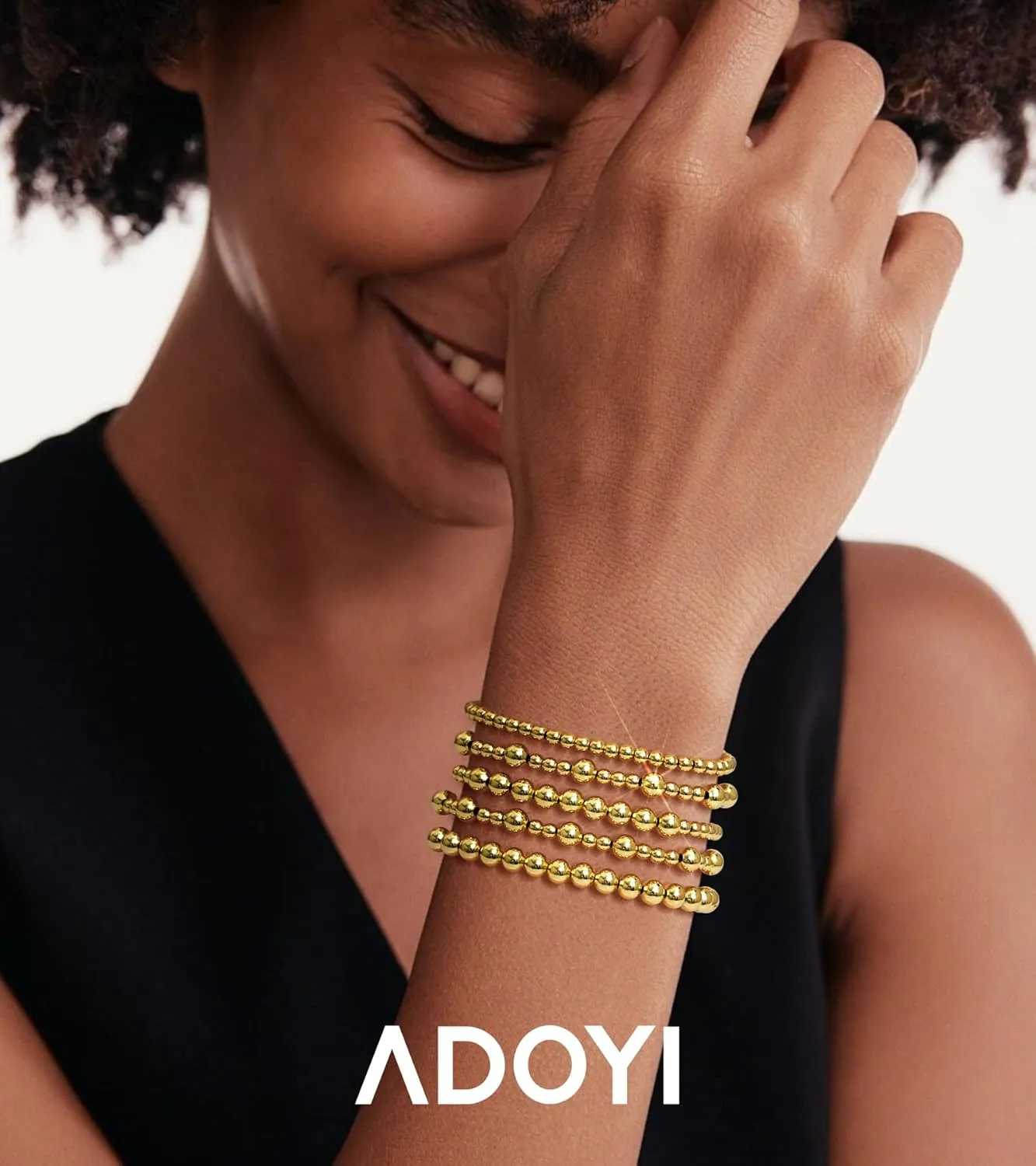 adoyi Gold Bracelets for Women Beaded Bracelet 14K Gold Plated Bracelet Stack Strand Stretch Bead Ball Bracelet Set Stackable Bracelet Adjustable Bracelet Set Jewelry for Gifts