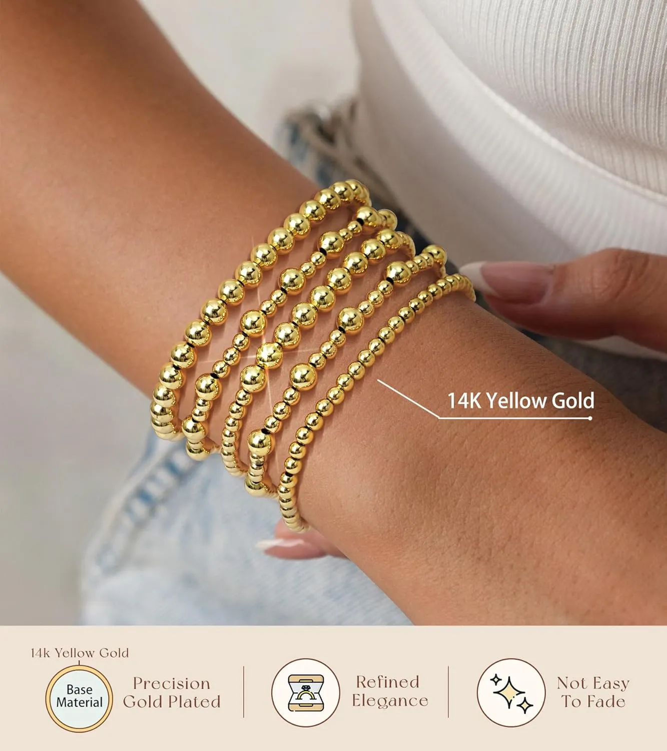 adoyi Gold Bracelets for Women Beaded Bracelet 14K Gold Plated Bracelet Stack Strand Stretch Bead Ball Bracelet Set Stackable Bracelet Adjustable Bracelet Set Jewelry for Gifts