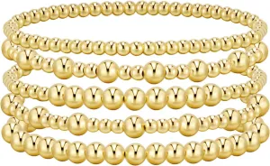 adoyi Gold Bracelets for Women Beaded Bracelet 14K Gold Plated Bracelet Stack Strand Stretch Bead Ball Bracelet Set Stackable Bracelet Adjustable Bracelet Set Jewelry for Gifts