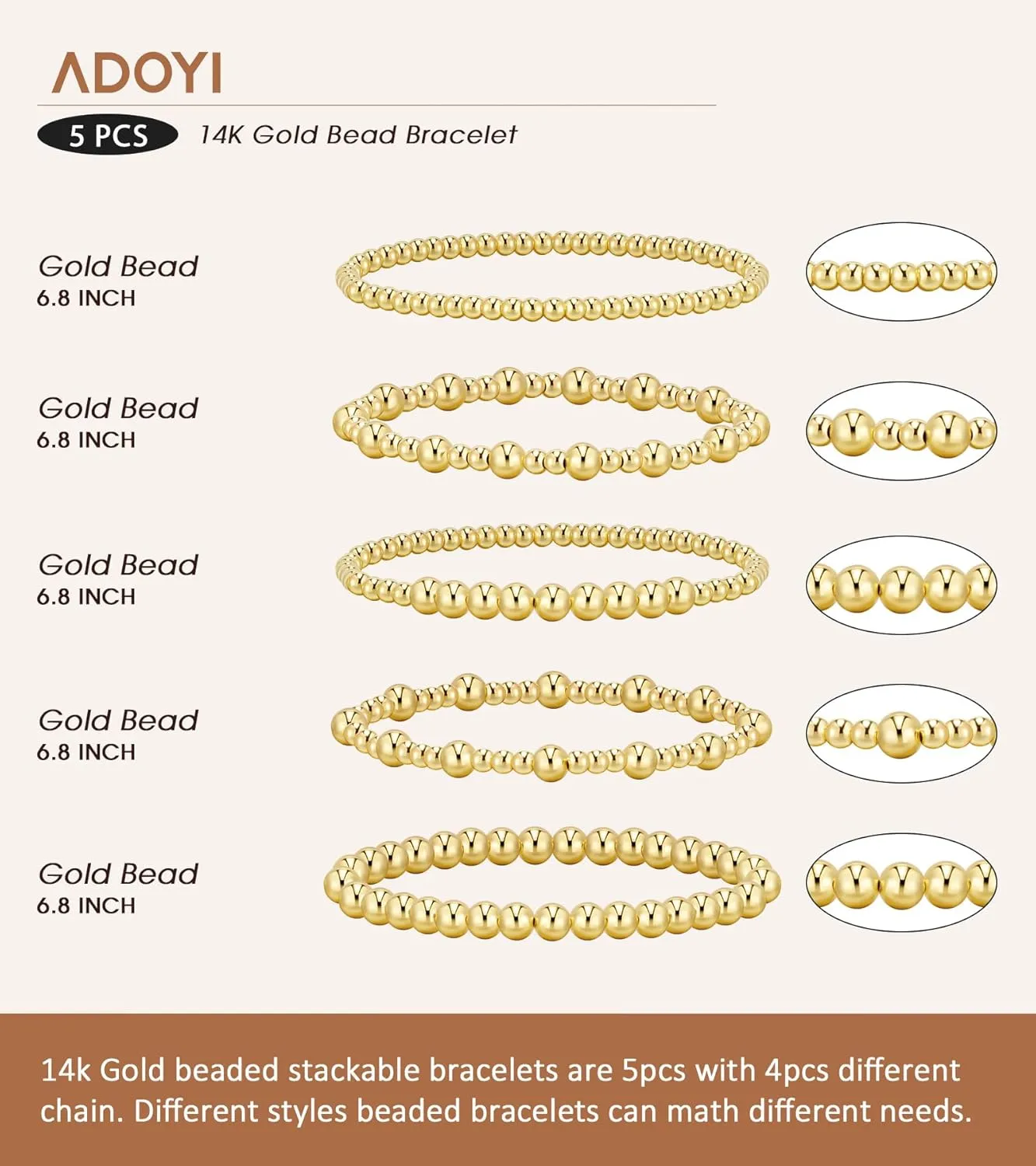 adoyi Gold Bracelets for Women Beaded Bracelet 14K Gold Plated Bracelet Stack Strand Stretch Bead Ball Bracelet Set Stackable Bracelet Adjustable Bracelet Set Jewelry for Gifts
