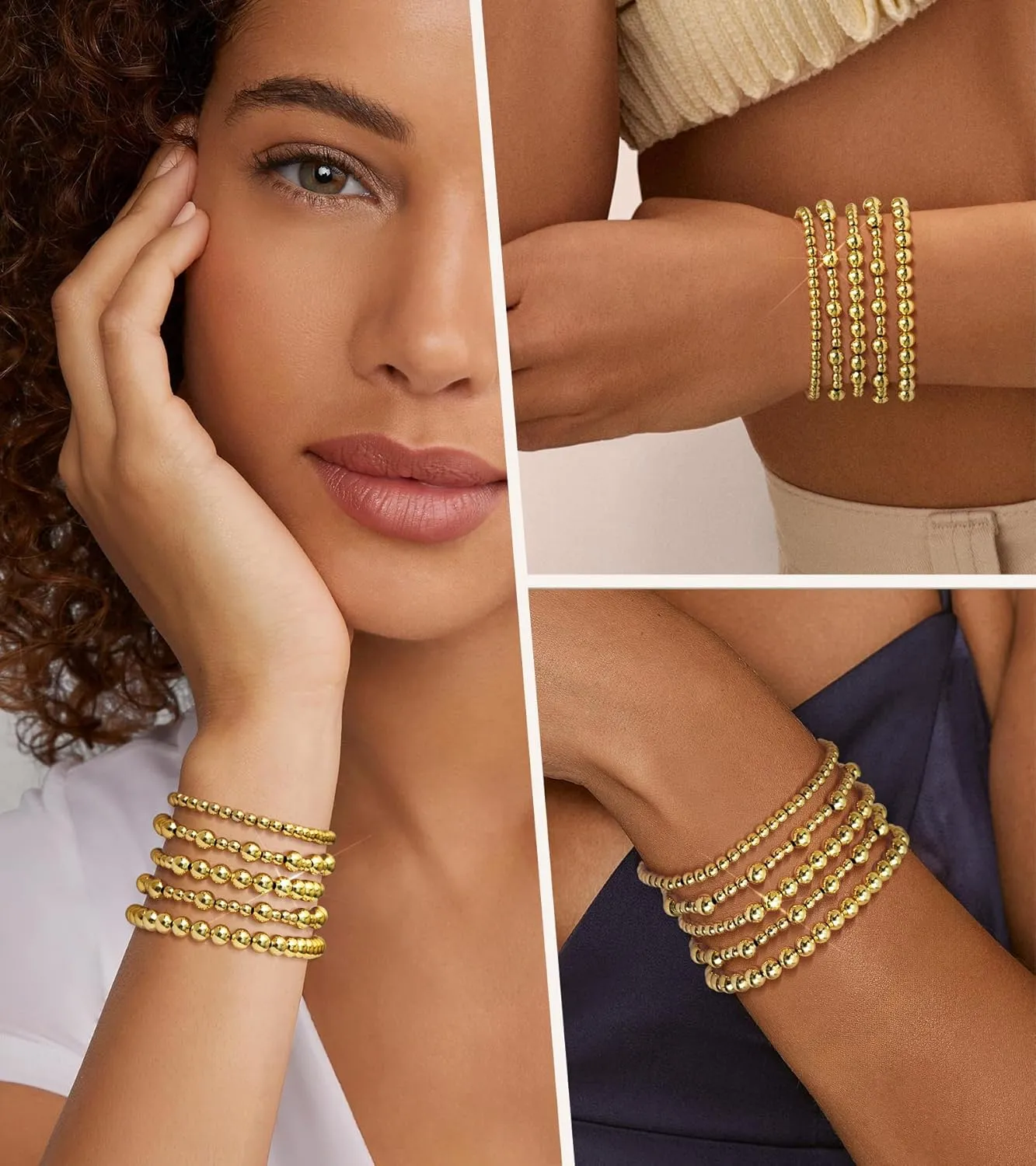 adoyi Gold Bracelets for Women Beaded Bracelet 14K Gold Plated Bracelet Stack Strand Stretch Bead Ball Bracelet Set Stackable Bracelet Adjustable Bracelet Set Jewelry for Gifts