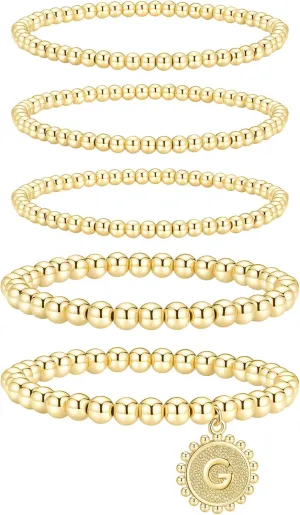 adoyi Gold Silver Bracelets for Women Beaded Bracelet 14K Gold Plated Bracelet Stack Initial Letter A-Z Strand Stretch Bead Stackable Bracelet Set Adjustable Jewelry Gift for Women
