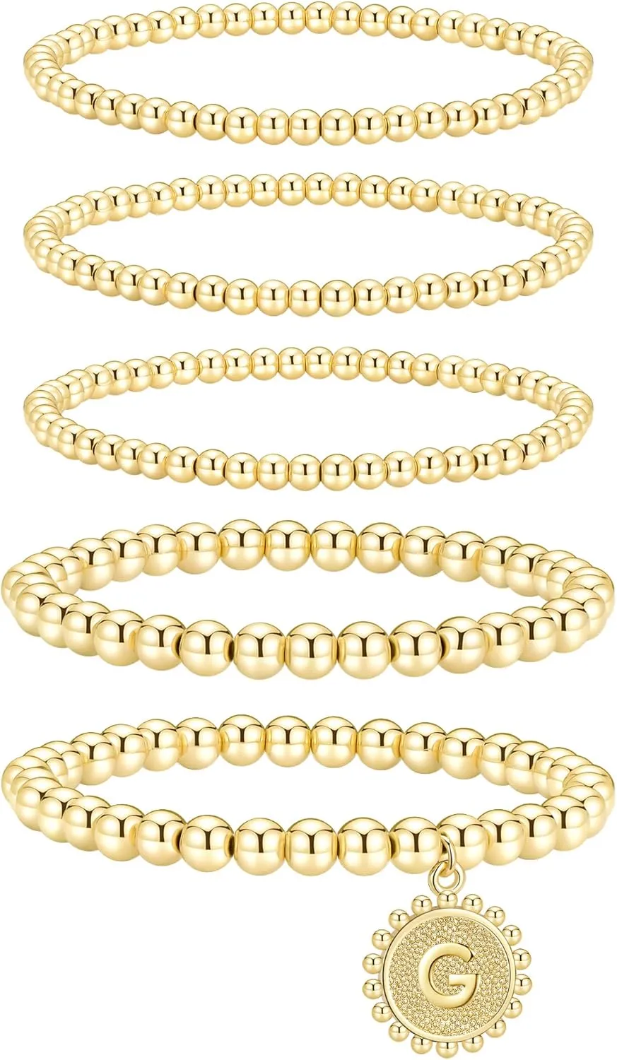 adoyi Gold Silver Bracelets for Women Beaded Bracelet 14K Gold Plated Bracelet Stack Initial Letter A-Z Strand Stretch Bead Stackable Bracelet Set Adjustable Jewelry Gift for Women