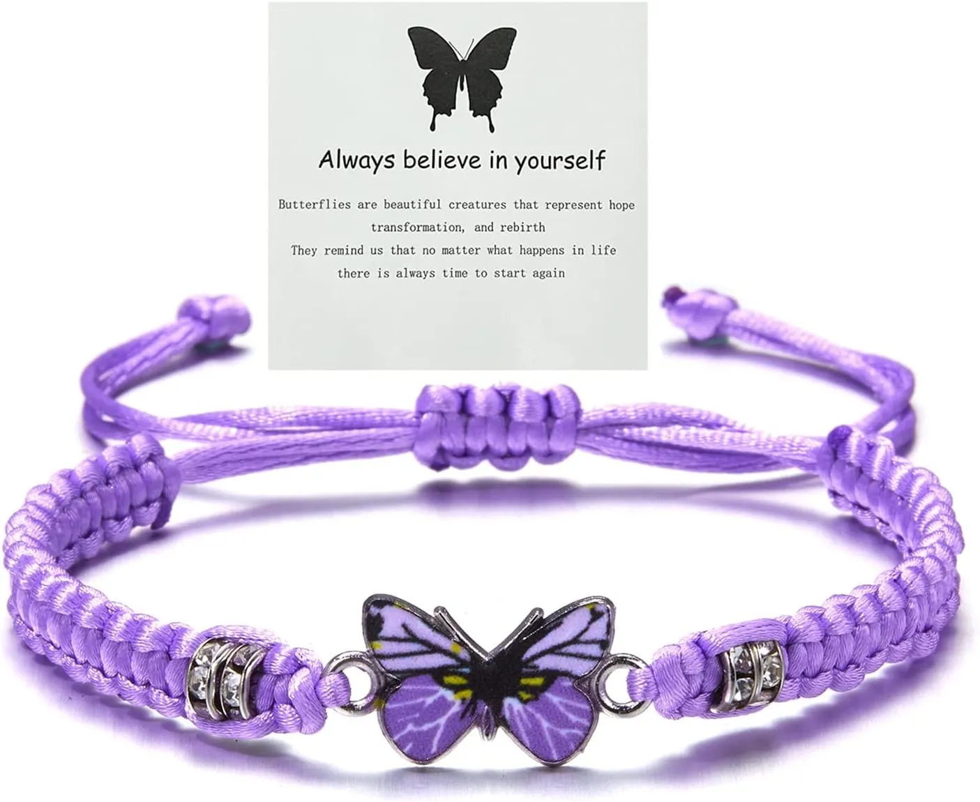 Always Believe in Yourself Butterfly Bracelet - Cute Charm Bracelets for Women, Adjustable Braided Rope, Lucky Friendship Matching Bracelet