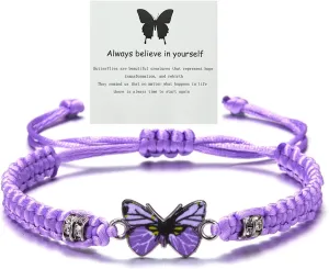 Always Believe in Yourself Butterfly Bracelet - Cute Charm Bracelets for Women, Adjustable Braided Rope, Lucky Friendship Matching Bracelet