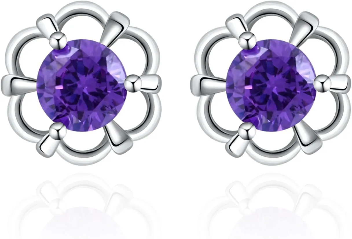 Amethyst Flower Earrings-925 Sterling Silver Purple Earrings Birthstone Earrings for Women Flower Stud Earrings for Women Trendy
