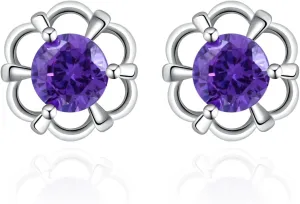 Amethyst Flower Earrings-925 Sterling Silver Purple Earrings Birthstone Earrings for Women Flower Stud Earrings for Women Trendy