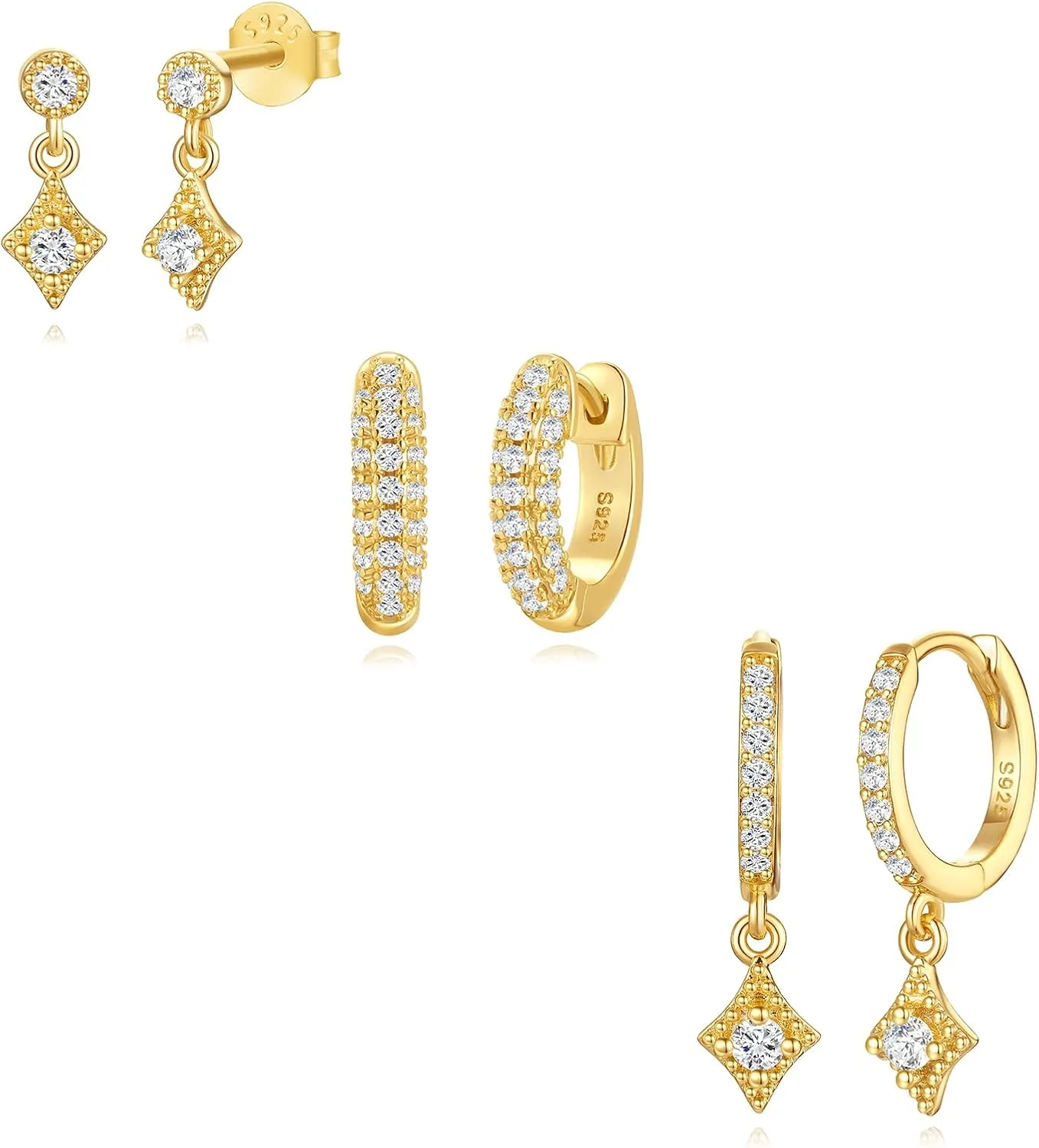 Angelady Gold Hoop Earrings Set for Women, 14K Gold Plated Huggie Earring Trendy, Dainty Hypoallergenic Earring Stacks, Cartilage Small Stud Dangle Earrings multiple piercing, Jewelry Gifts 3 Pairs