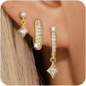 Angelady Gold Hoop Earrings Set for Women, 14K Gold Plated Huggie Earring Trendy, Dainty Hypoallergenic Earring Stacks, Cartilage Small Stud Dangle Earrings multiple piercing, Jewelry Gifts 3 Pairs