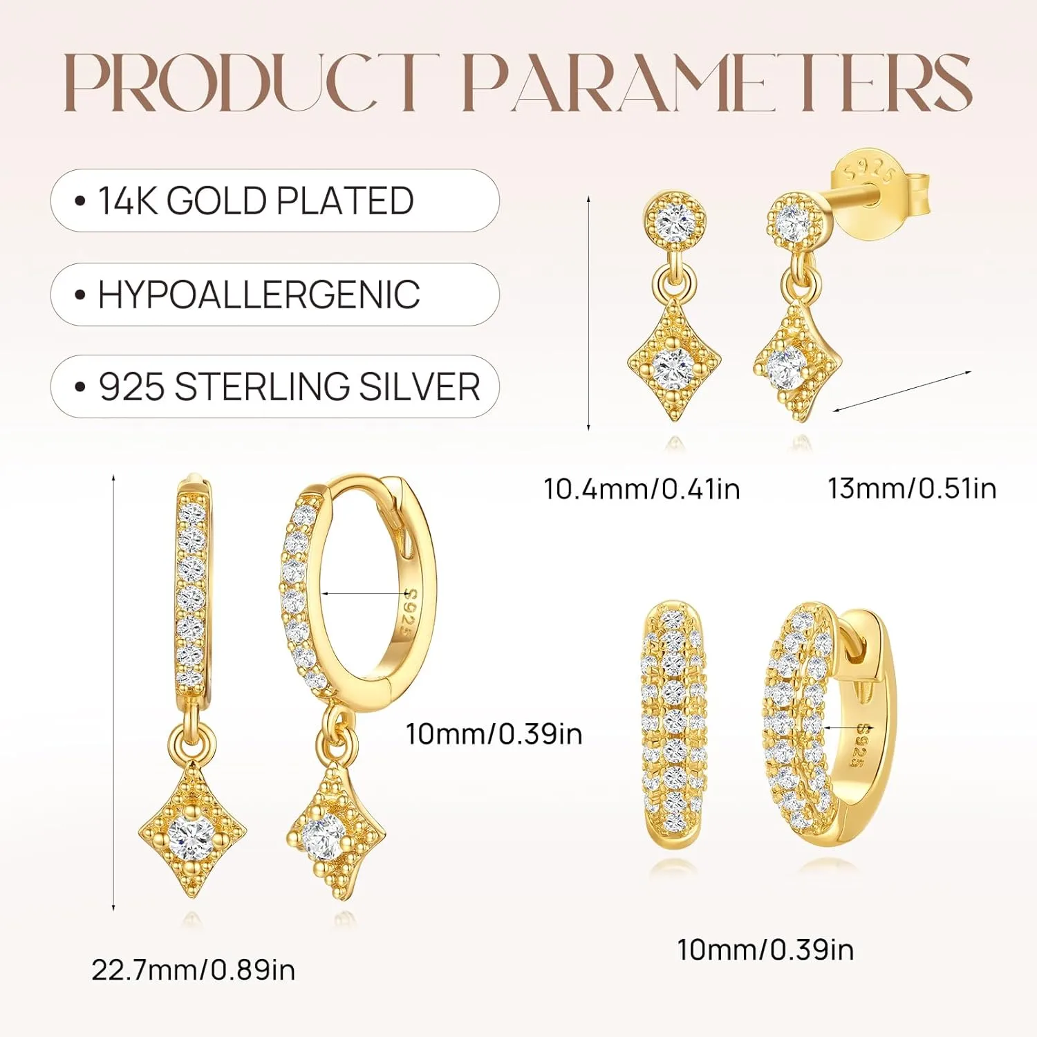 Angelady Gold Hoop Earrings Set for Women, 14K Gold Plated Huggie Earring Trendy, Dainty Hypoallergenic Earring Stacks, Cartilage Small Stud Dangle Earrings multiple piercing, Jewelry Gifts 3 Pairs
