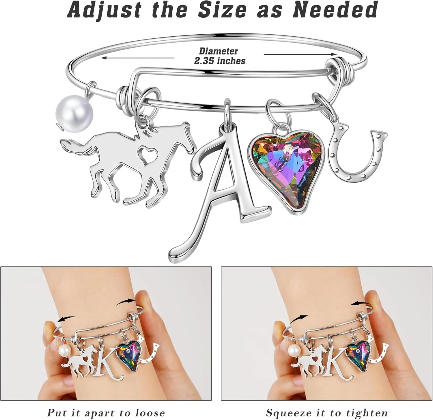 Anoup Horse Gifts for Girls - Horse Bracelets, 14K White/Rose Gold Plated Stainless Steel Bracelets | CZ Heart Horseshoe Initial Pearl | Horse Stuff | Birthday Day Gifts for Horse Lovers