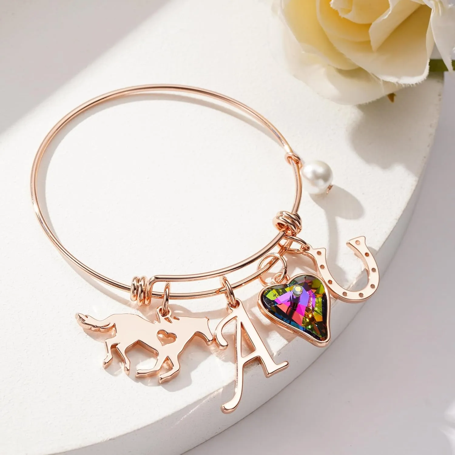 Anoup Horse Gifts for Girls - Horse Bracelets, 14K White/Rose Gold Plated Stainless Steel Bracelets | CZ Heart Horseshoe Initial Pearl | Horse Stuff | Birthday Day Gifts for Horse Lovers