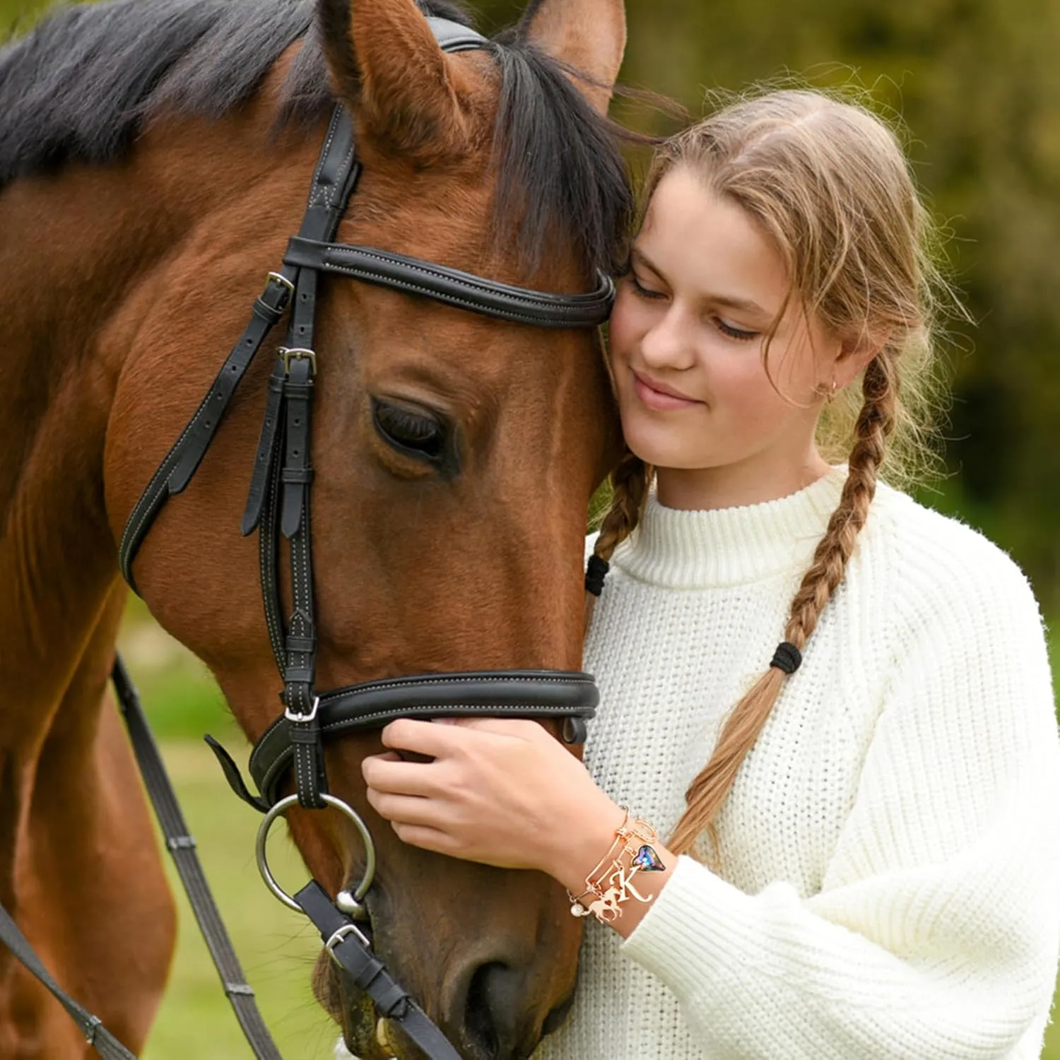 Anoup Horse Gifts for Girls - Horse Bracelets, 14K White/Rose Gold Plated Stainless Steel Bracelets | CZ Heart Horseshoe Initial Pearl | Horse Stuff | Birthday Day Gifts for Horse Lovers