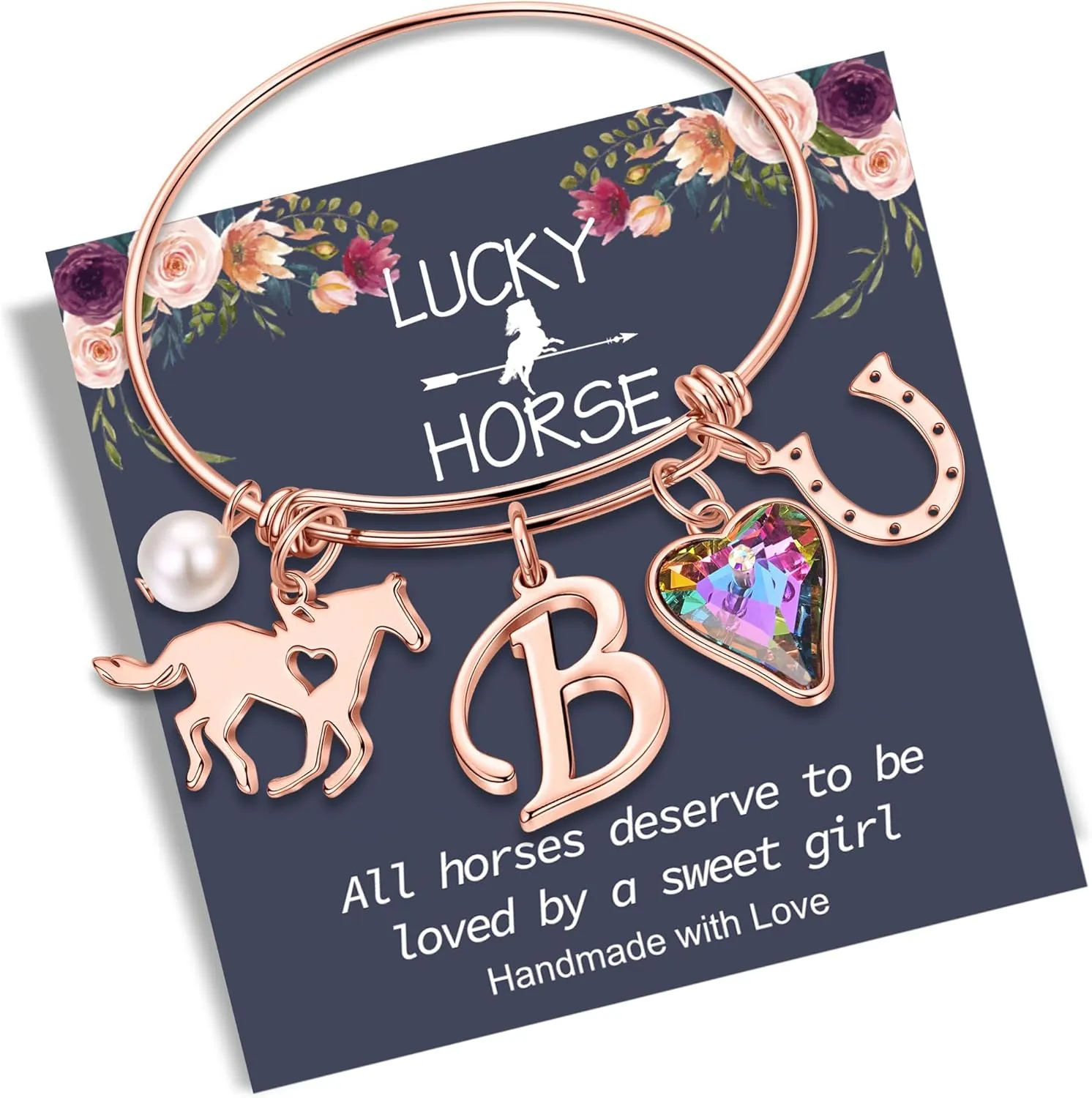 Anoup Horse Gifts for Girls - Horse Bracelets, 14K White/Rose Gold Plated Stainless Steel Bracelets | CZ Heart Horseshoe Initial Pearl | Horse Stuff | Birthday Day Gifts for Horse Lovers