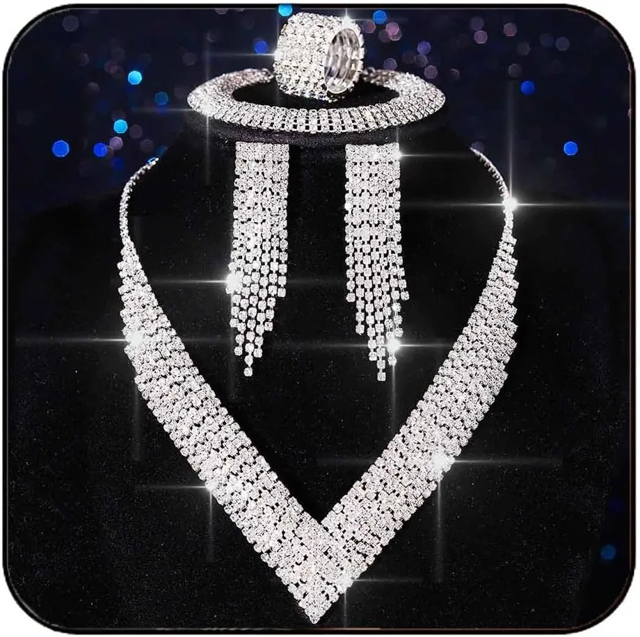 Aukmla Bridal Wedding Jewelry Set Silver Rhinestones Bride Wedding Necklace Earring Bracelet Ring Sets Prom Necklaces for Women